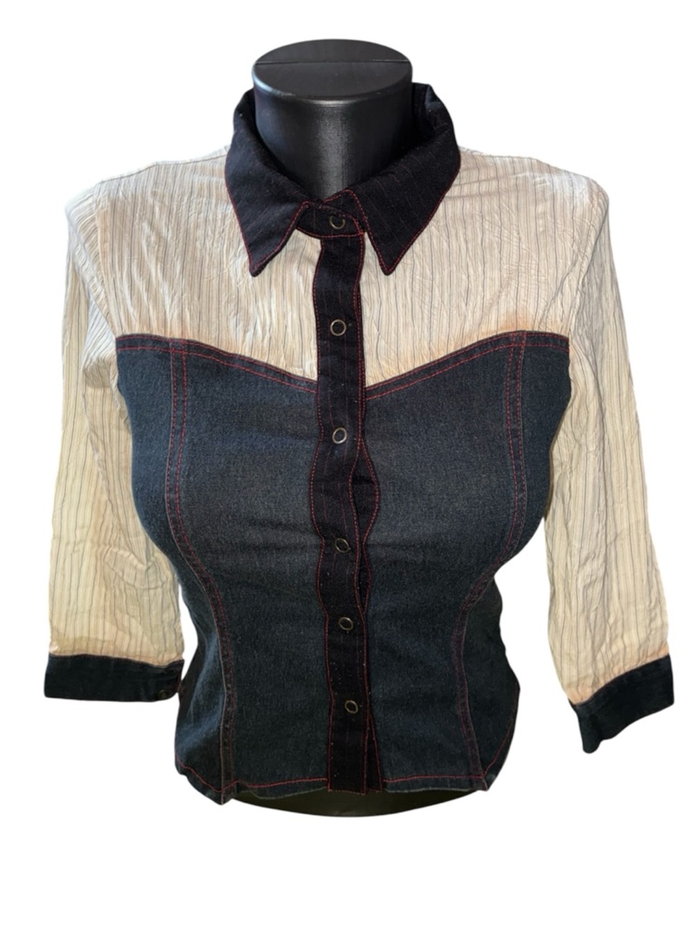 Womens Two-Tone stretch Denim Panel Button-Up Top - Black and Cream